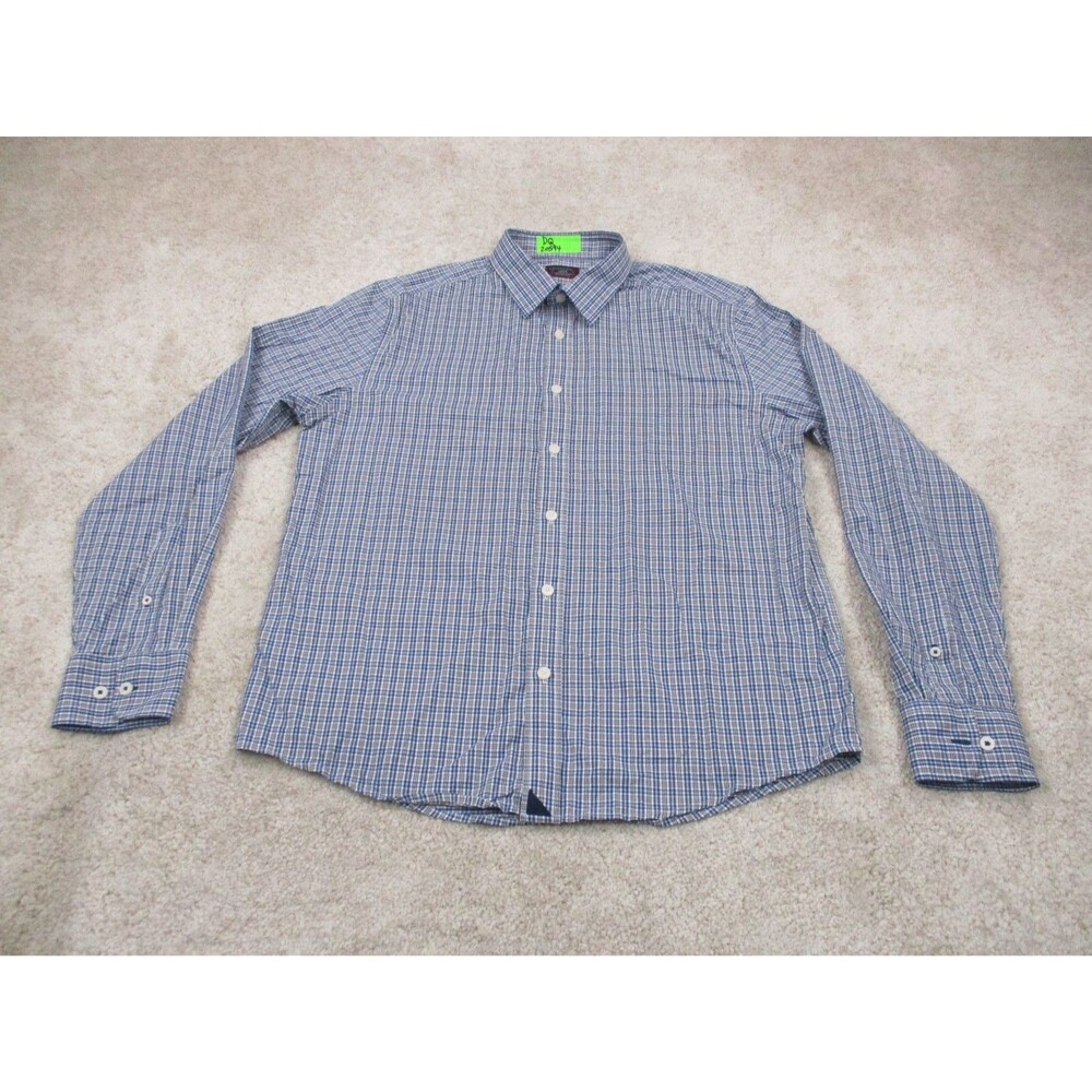 UNTUCKit Shirt Men Large Slim Fit Blue White Plaid Performance Stretch Button Up